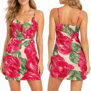 Arden B Floral Mini Dress Womens Sz M Pink Green Rose Ruffle Smocked Sun Hawaii